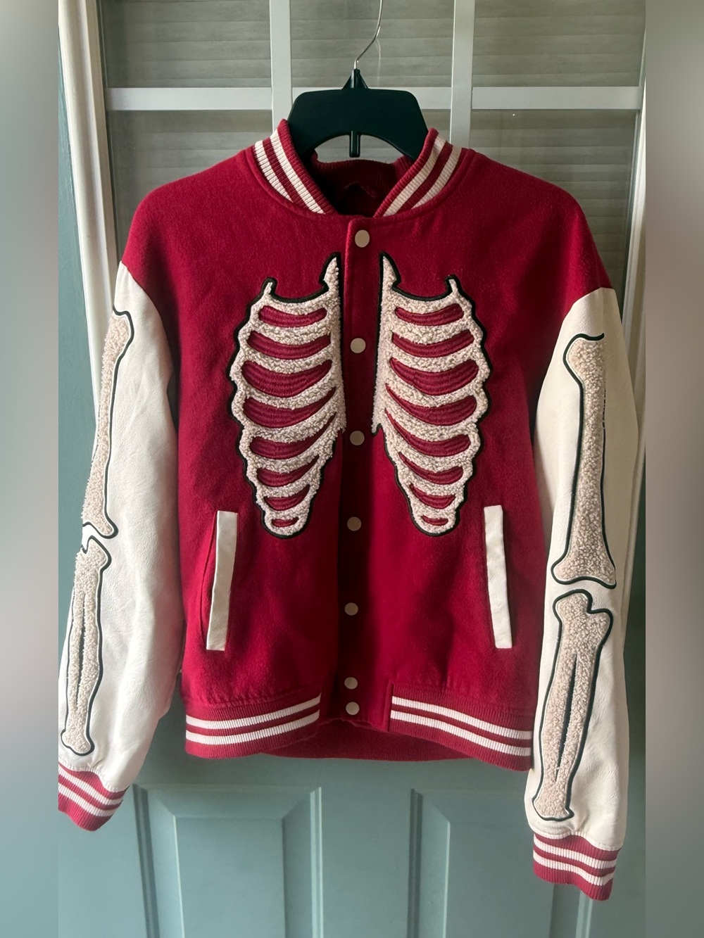 NOVA MEN Skeleton Varsity Jacket Red Ivory Chenille Bones Bomber Snap Small